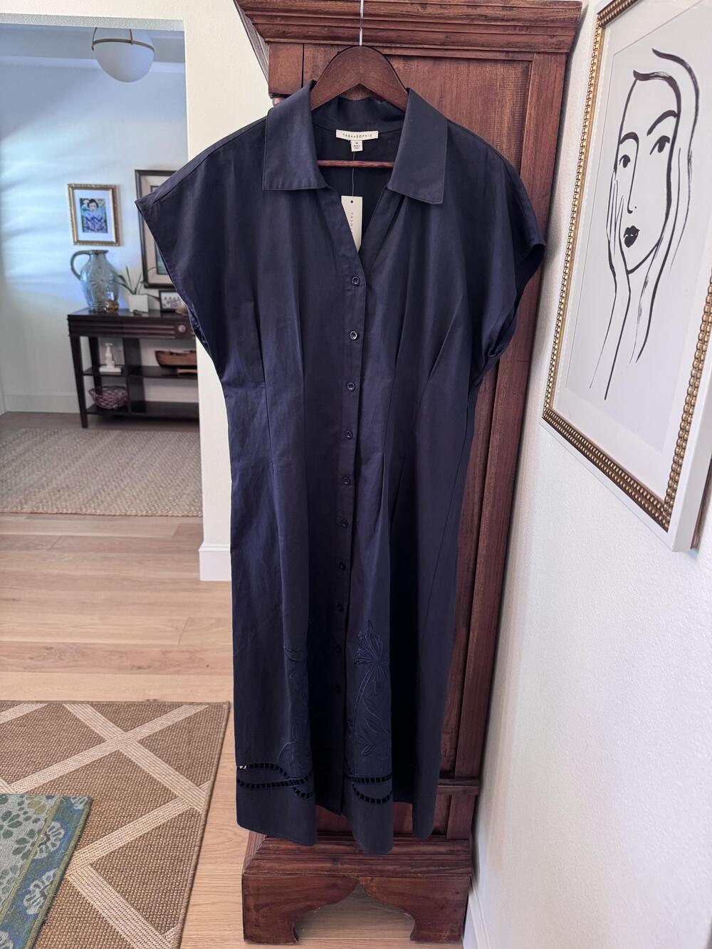 TASH + SOPHIE Shirt Dress Womens Medium Navy Embroidered Cutout Palm Hem Midi
